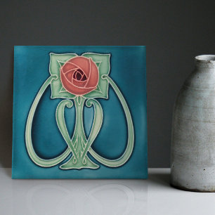 Peony on Blue Decor Art Nouveau Art Deco Ceramic Tile
