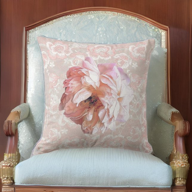 Peony on Faux Peachy Pink Lace Throw Pillow (Creator Uploaded)