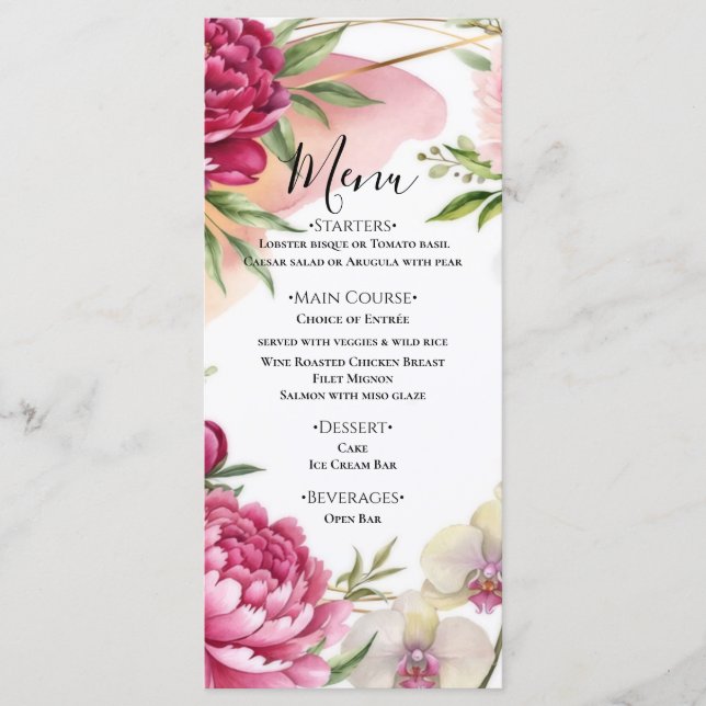 Peony & Orchid Garden Floral Glam Wedding  Menu (Front)
