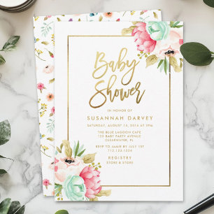 Peony Pastel Watercolors Gold Script Baby Shower Invitation