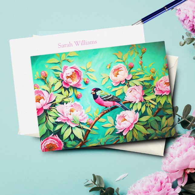  Peony Pine Gosbeak ai Artwork Oil Painting Note Card (Perfect for heartfelt messages, this elegant card adds natural beauty.)