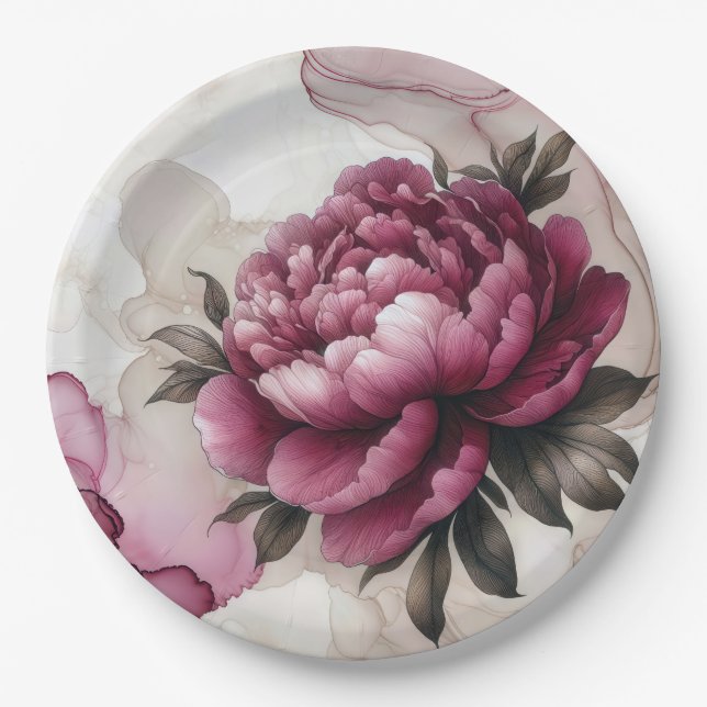 Peony Pink Abstract  Paper Plates (Front)
