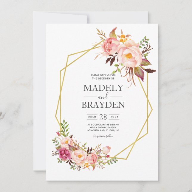 Peony Pink Blush and Gold Wedding Invitation (Front)