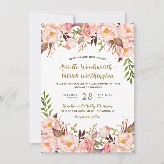 Peony Pink Blush and Gold Wedding Invitations (Front)