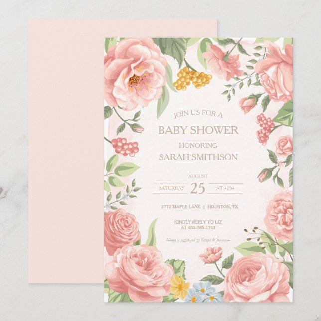 Peony Pink Botanical Baby Shower Invitation (Front/Back)