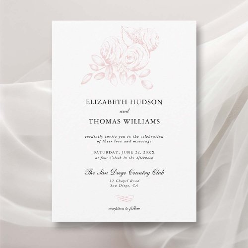 Peony Pink Floral Sketch Modern Classic Wedding Invitation