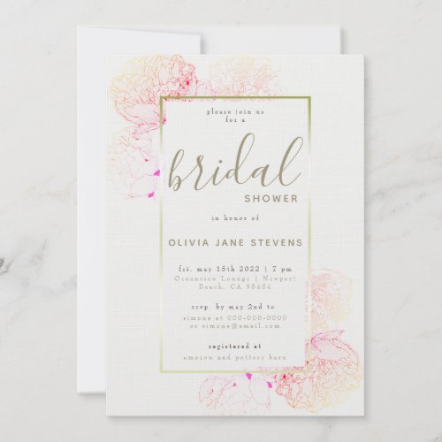 Peony Pink Gold Elegant Floral Frame Bridal Shower Invitation