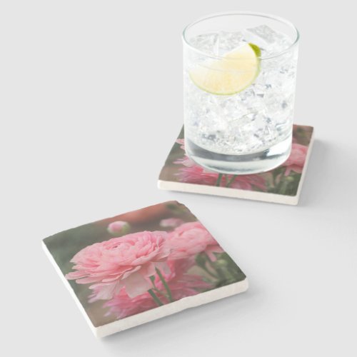 Peony Pink Ranunculus Closeup Stone Coaster