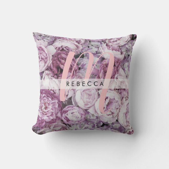 Peony Pink Roses Floral Monogram Name Throw Pillow (Front)