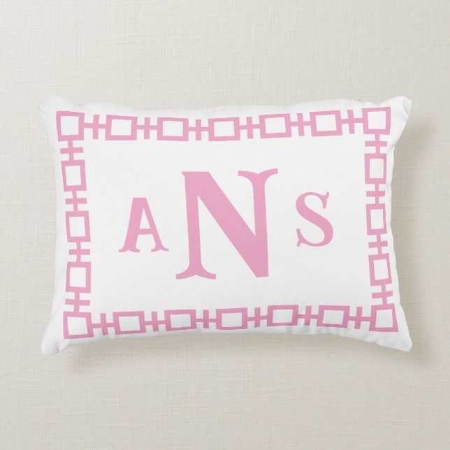 Peony Pink Square Greek Key Monogram Accent Pillow (Front)
