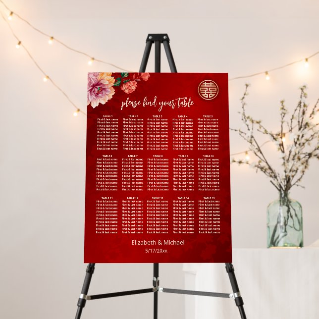 Peony Red Chinese Wedding Seating Chart Foam Board (In Situ (Stand))