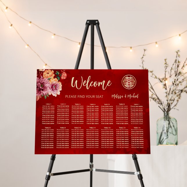 Peony Red Chinese Wedding Seating Chart Foam Board (In Situ (Stand))