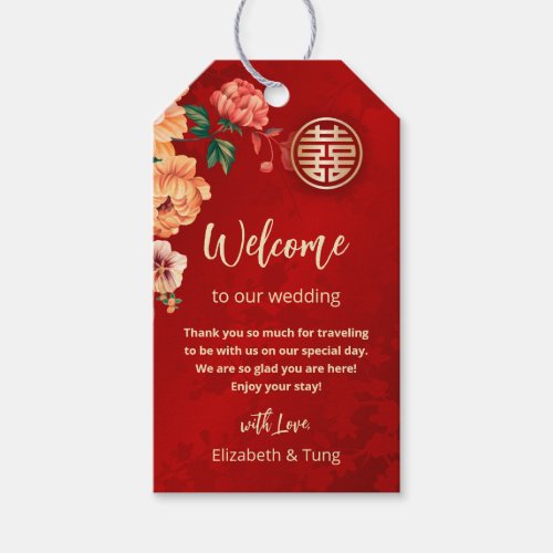 Peony Red Chinese Wedding Welcome Gift Tags
