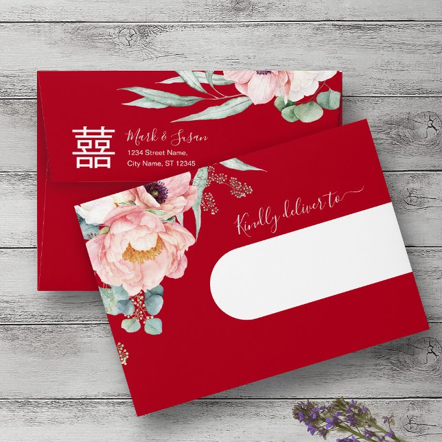 Peony Red Double Happiness/Song Hy Invitation Envelope (Creator Uploaded)