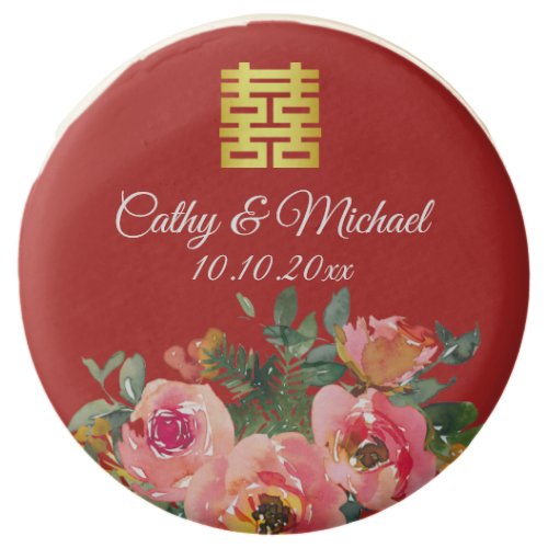 Peony red floral double happiness Chinese wedding Chocolate Covered Oreo