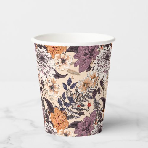 Peony rose delicate ferns foliage floral graphic paper cups
