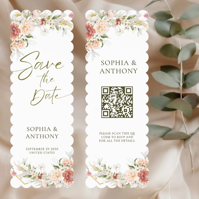 Peony Rose Floral Save the Date QR Code Bookmarks (Creator Uploaded)