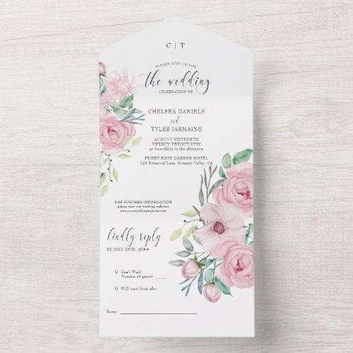 Peony Rose Pastel Pink Floral Wedding All In One Invitation