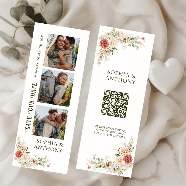 Peony Rose Photo Strip Save the Date QR Code Bookmarks (Creator Uploaded)