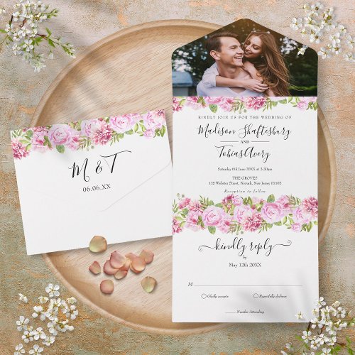 Peony Roses Floral Elegant Script Photo Wedding All In One Invitation