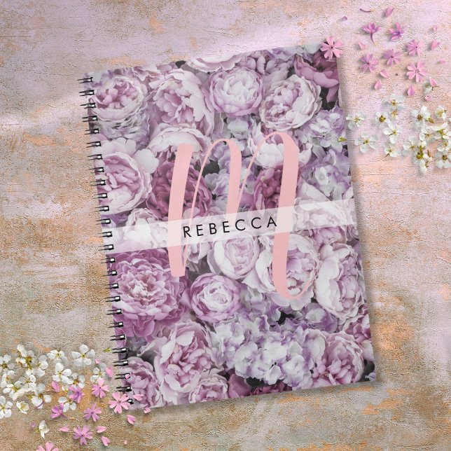 Peony Roses Floral Pink Script Monogram Notebook (Peony Roses Floral Pink Script Monogram Notebook)