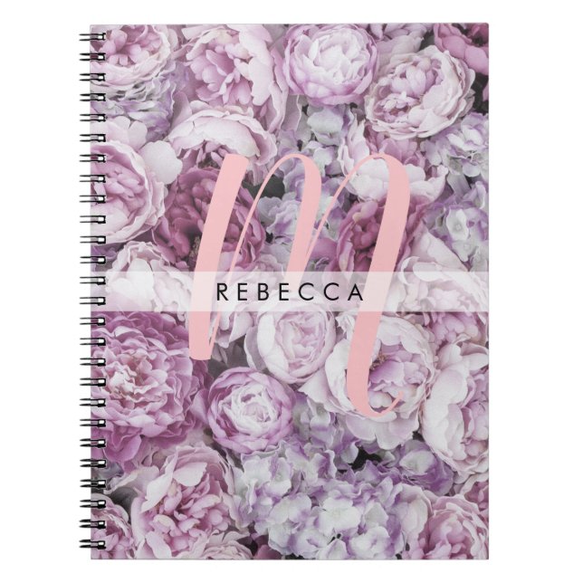 Peony Roses Floral Pink Script Monogram Notebook (Front)