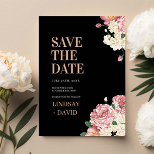 Peony Roses on Black Floral Save the Date Invitation
