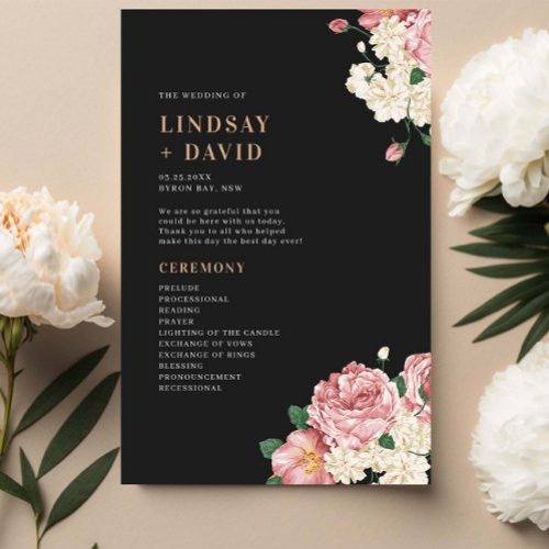 Peony Roses on Black Wedding Ceremony Program