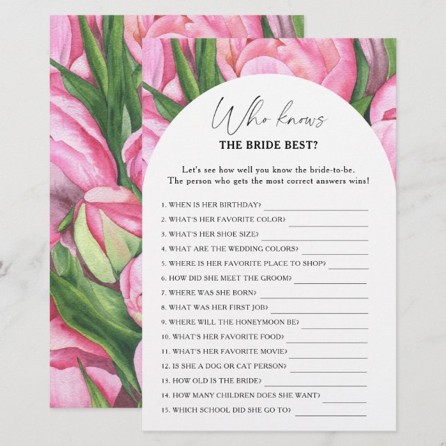 Peony roses - Who knows the bride best game (Front/Back)