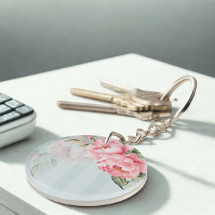 Peony Sage Botanics   Pink Floral & Gold Acrylic Keychain