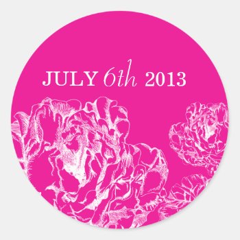 Peony Save The Date Sticker Hot Pink by designaline at Zazzle