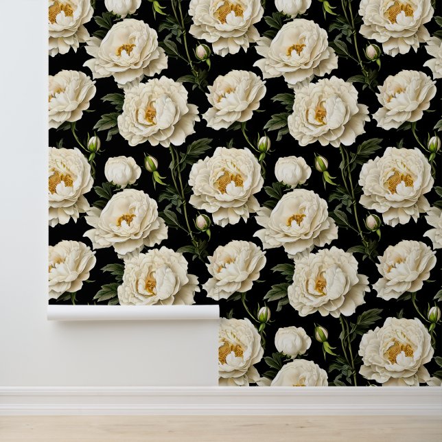 Peony seamless pattern white gold black luxurious wallpaper  (Application)