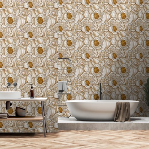 Peony seamless pattern white ivory gold luxury  wallpaper 