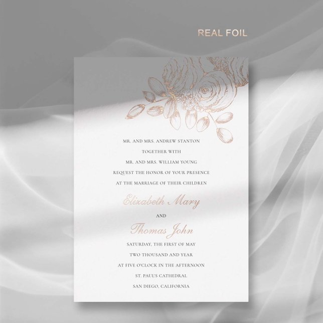 Peony Sketch Formal Modern Classic Wedding Gold Foil Invitation (peony wedding invitation modern classic formal  floral sketch gold foil elegant romantic)