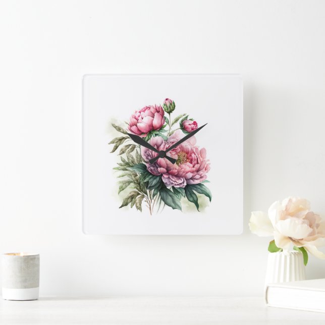 Peony Square Wall Clock (Home)