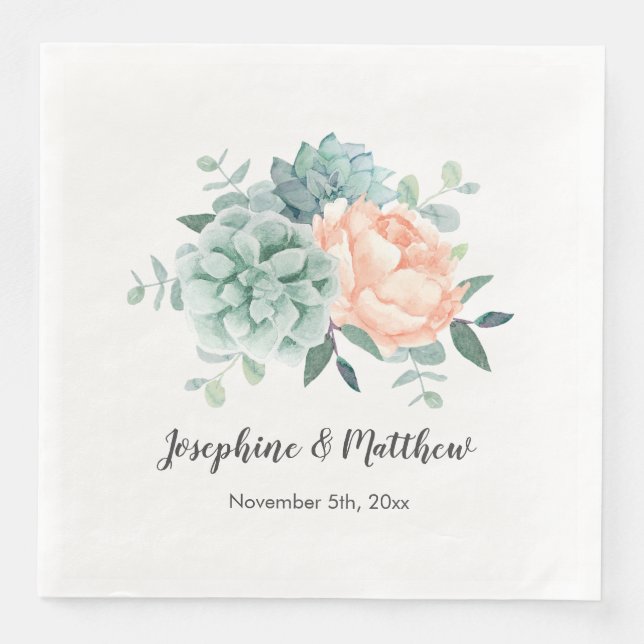 Peony Succulents Floral Watercolor Wedding Paper Dinner Napkins (Front)