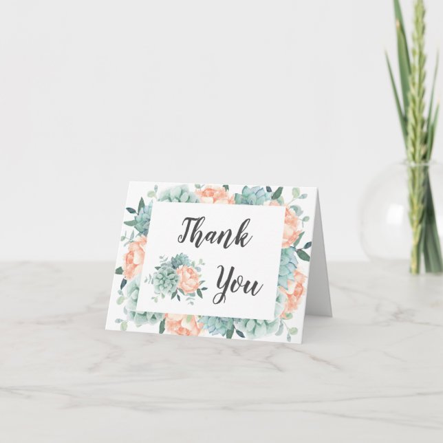 Peony Succulents Foliage Floral Wedding Thank You (Front)