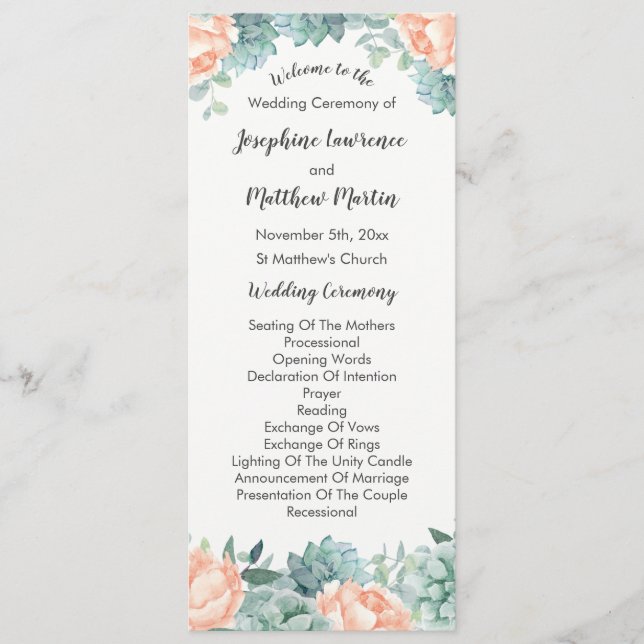 Peony Succulents Foliage Wedding Program (Front)