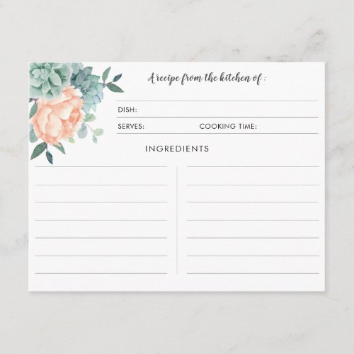 Peony Succulents Watercolor Botanical Recipe Cards