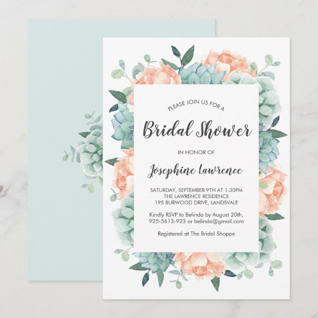 Peony & Succulents Watercolor Bridal Shower Invitation (Front/Back)