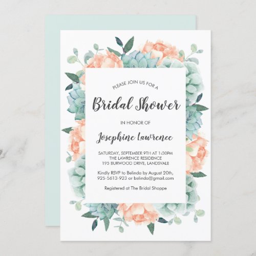 Peony  Succulents Watercolor Bridal Shower Invitation