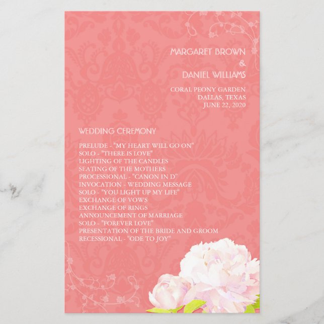 Peony Theme Coral Wedding Vertical Program (Front)