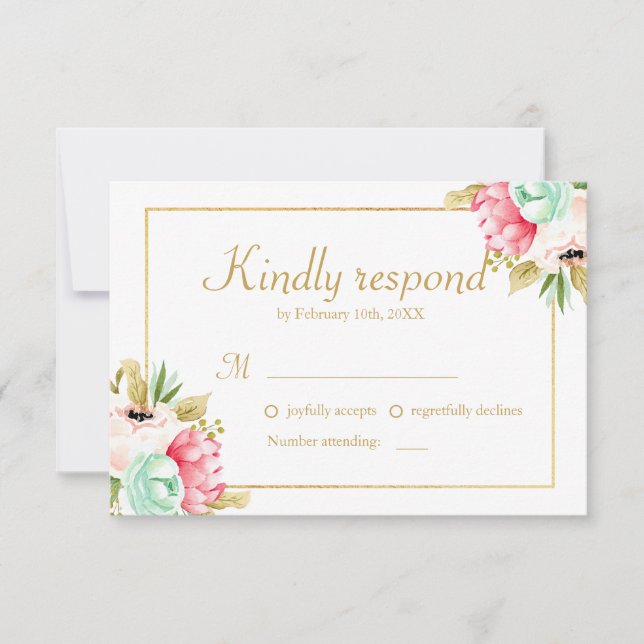 Peony Watercolor Elegant Gold  Frame Wedding RSVP Card (Front)