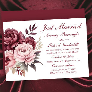 Peony Watercolor Floral Just Married Wedding Announcement