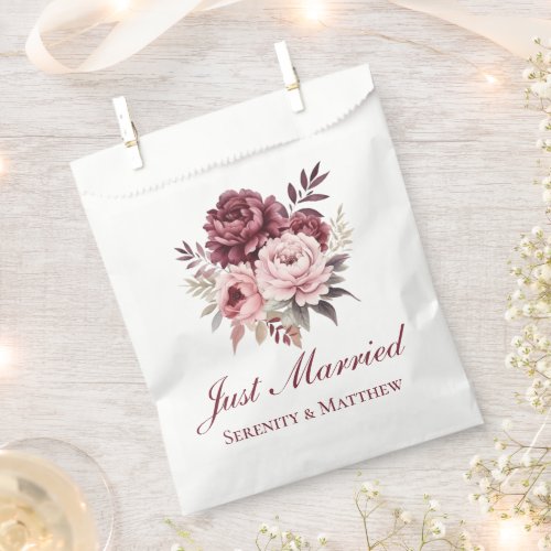  Peony Watercolor Floral Just Married Wedding Favor Bag