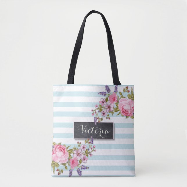 Peony Watercolor Floral Personalized Tote (blue) Bag (Front)