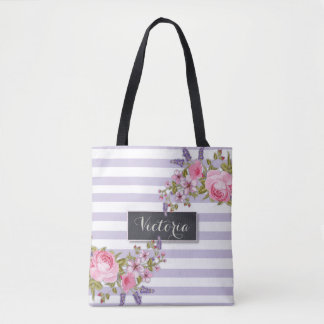 Peony Watercolor Floral Personalized Tote (purple) Bag