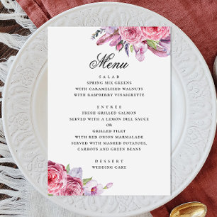 Peony. Watercolor pink boho floral garden wedding Menu