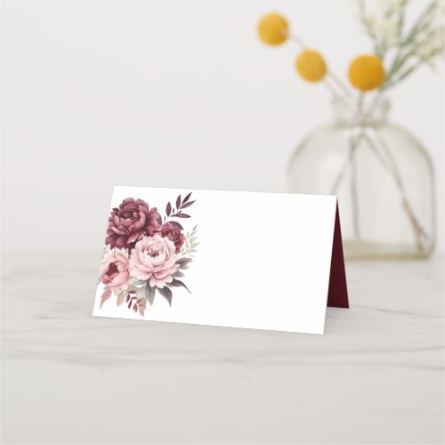 Peony Watercolor Pink Burgundy Floral Wedding Place Card