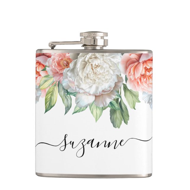 Peony Wedding Bridal Bachelorette Name Flask (Front)